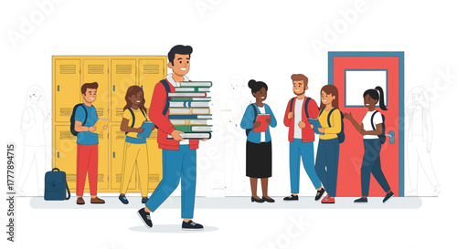 Students Traversing College Corridors, Carrying Books, With Lockers and Red Door