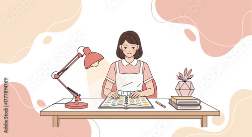 Woman Studying Illustration With Lamp And Books at Desk with Minimalist Background
