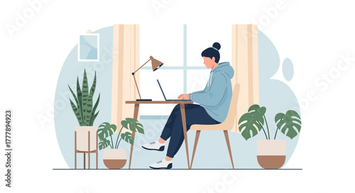 Woman Working On Laptop At Home Amongst Plants In A Cozy And Comfortable Environment