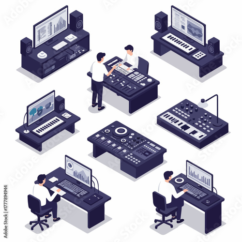Isometric Modern Home Recording Studio Setup and Equipment Illustration Set