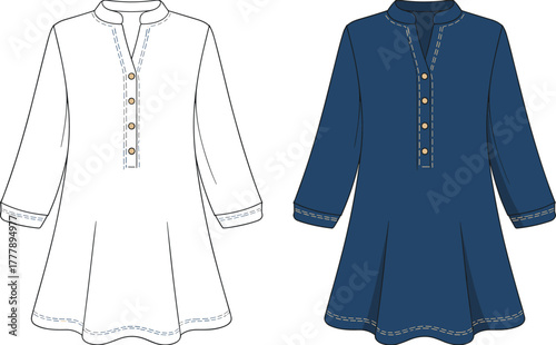 Women dress vector, CAD fashion drawing, navy flared bottom design, stand collar shirt dress, garment template, clothing illustration, flat vector sketch