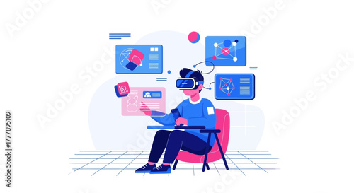 Virtual Reality Experience: Person Immersed in Digital World Interacting with Information