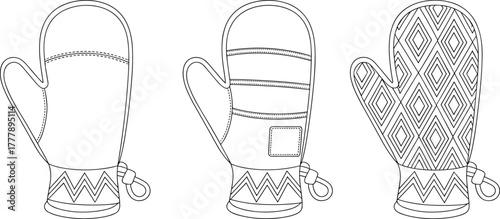 Winter mittens technical sketch, front back view, black white line art, fashion accessory, vector illustration, apparel template, glove design