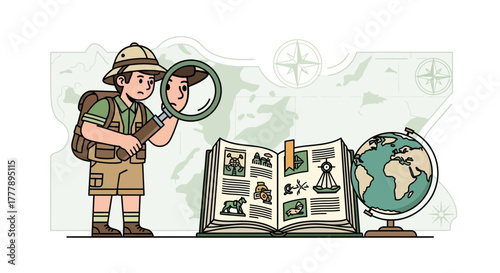 Young Explorer Delves Into Ancient Lore, Using Magnifying Glass and Globe to Discover Secrets