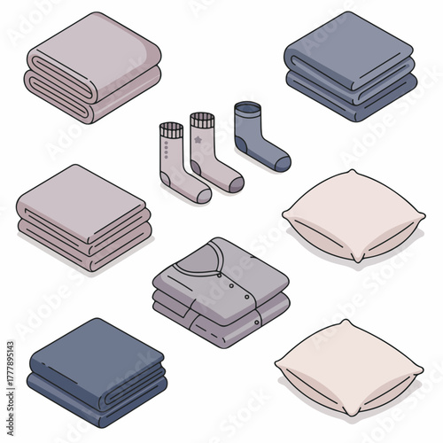 Isometric Soft Folded Clothing Stack and Home Textile Arrangement Illustration