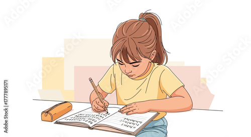 Young Girl Focused on Writing in a Notebook at a Table Ready to Learn and Work