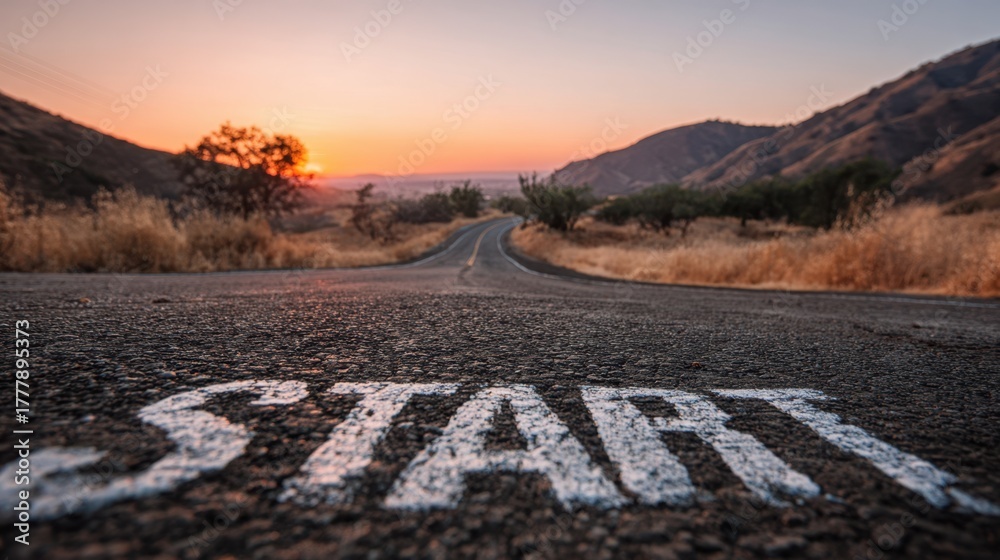 Fototapeta premium Journey begins on winding road at sunrise through charming hills