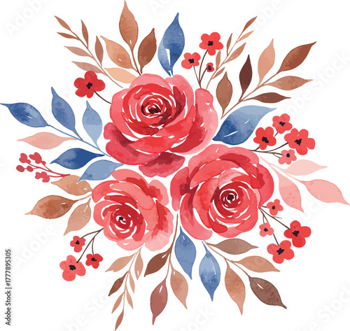 Vibrant watercolor red roses and autumn leaves floral arrangement