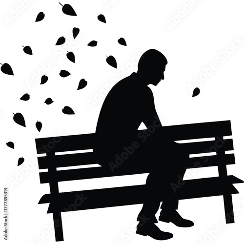 Melancholy Silhouette A lonely figure sitting on a bench as leaves fall on White Background