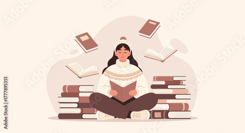 Woman Immersed In Literature Seated Amidst Floating Books, Cozy Reading Scene