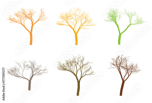 Colorful bare tree silhouettes illustration on a white background vector graphics