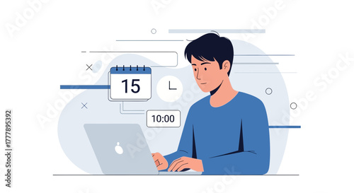 Young Man Schedules Time And Event On Laptop Illustrative Digital Art