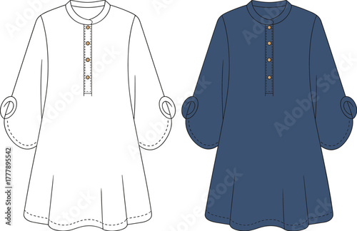 Women tunic blouse vector, CAD fashion drawing, navy top design, voluminous sleeve shirt, garment template, clothing illustration, flat vector sketch
