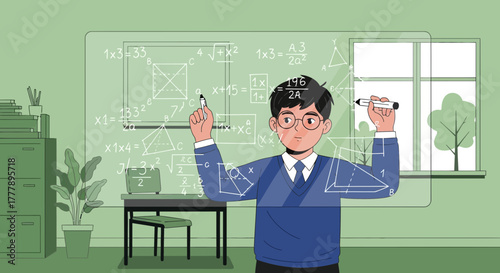 Young Student Solving Complicated Equations And Visualizations For Education Purposes