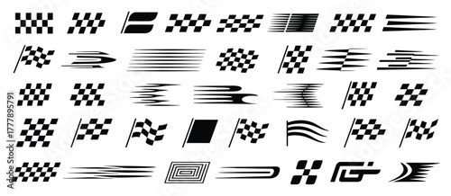 Racing speed lines and checkered flag graphic set vector design for motorsport finish line performance and fast motion concept
