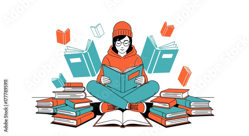 Young Woman Immersed in Reading Surrounded by Floating Books and Stacked Literature