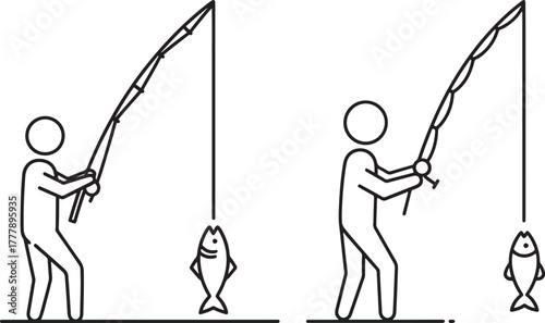 Two fishermen catching fish silhouette