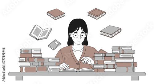 Young Woman Surrounded By Books Deeply Engrossed in Reading and Study