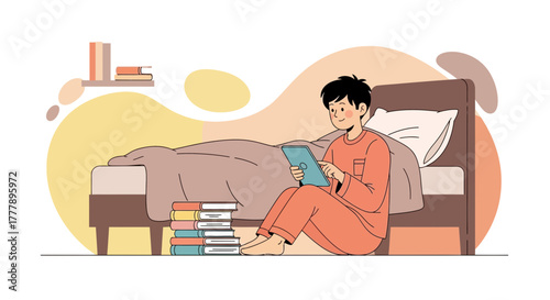 Youngster In Sleepwear Relaxing, Reading Tablet, Bedside Pile Of Literary Works Nearby