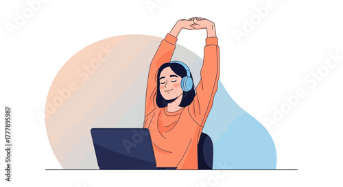 Woman Stretching And Relaxing While Working On Laptop With Headphones On Listening Music