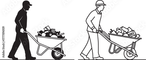 Two workers pushing wheelbarrows silhouette