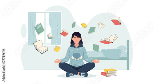 Woman Meditating Amidst Floating Books Achieving Mental Clarity and Peaceful Focus