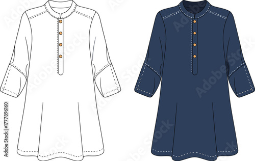 Women tunic top vector, CAD fashion drawing, navy blouse design, flared sleeve shirt, garment template, clothing illustration, flat vector sketch