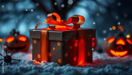 Wallpaper Mural Halloween Gift Box with Glowing Pumpkins, Spooky Present Wrapped in Orange Ribbon on Snowy Night Torontodigital.ca
