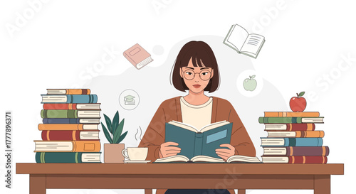 Woman Reading Among Books Depicting Education, Learning, and Knowledge in Vector Format