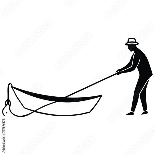 Man Pulling Boat Silhouette Illustration, Nautical Adventure and Seafaring on White Background