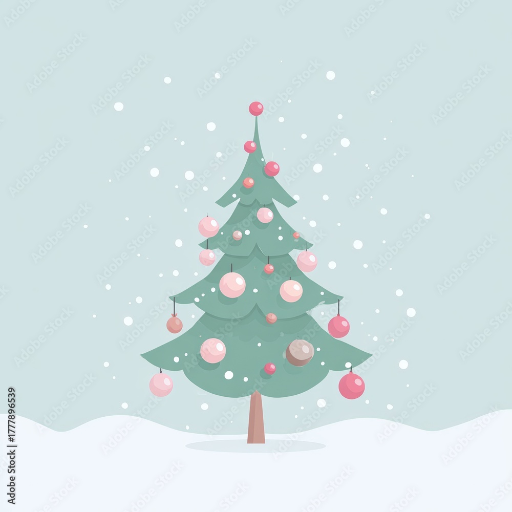Naklejka premium A whimsical Christmas tree adorned with colorful ornaments surrounded by gentle snowfall, perfect for holiday-themed designs, greeting cards, and festive promotions,