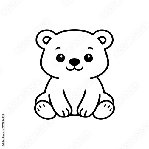 Cute cartoon polar bear cub sitting and smiling isolated on white background