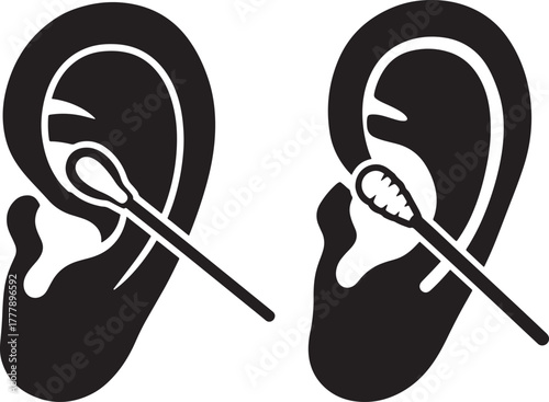 Two ears being cleaned with cotton swabs silhouette