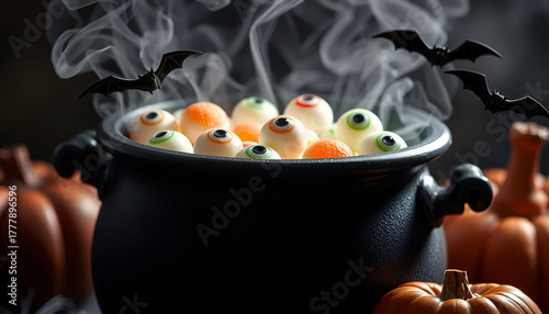 Spooky Halloween Cauldron with Eyeball Candies and Smoke, Witches Pot Filled with Gummy Eyes for Festive Decor