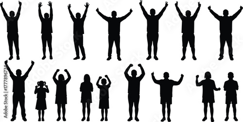 Silhouette people raising hands, children and adults, teamwork, celebration, unity, gesture collection, black figures, isolated poses, expressive movement, diversity