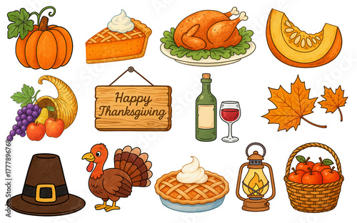 Thanksgiving food and holiday elements PNG clipart — turkey, pumpkin pie, cornucopia, wine, autumn leaves, pie, pilgrim hat, pumpkin and fall harvest icons — isolated on transparent background.