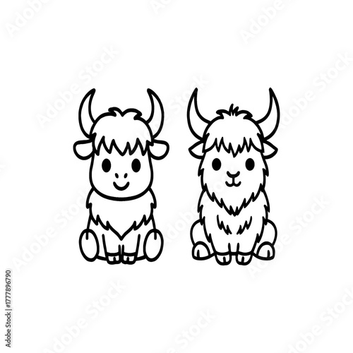 Cute cartoon baby yaks sitting side by side with simple line art style