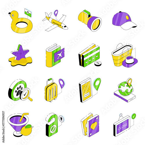 Set of Summer Holidays and Travel Isometric Icons