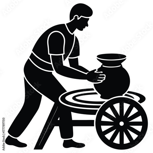 Potter at Work Silhouette Crafting Clay into Pottery on Wheel on White Background