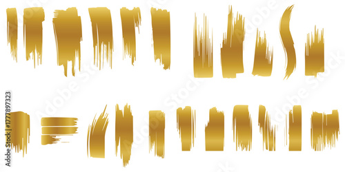 Elegant golden paint brush stroke set, abstract design elements on white