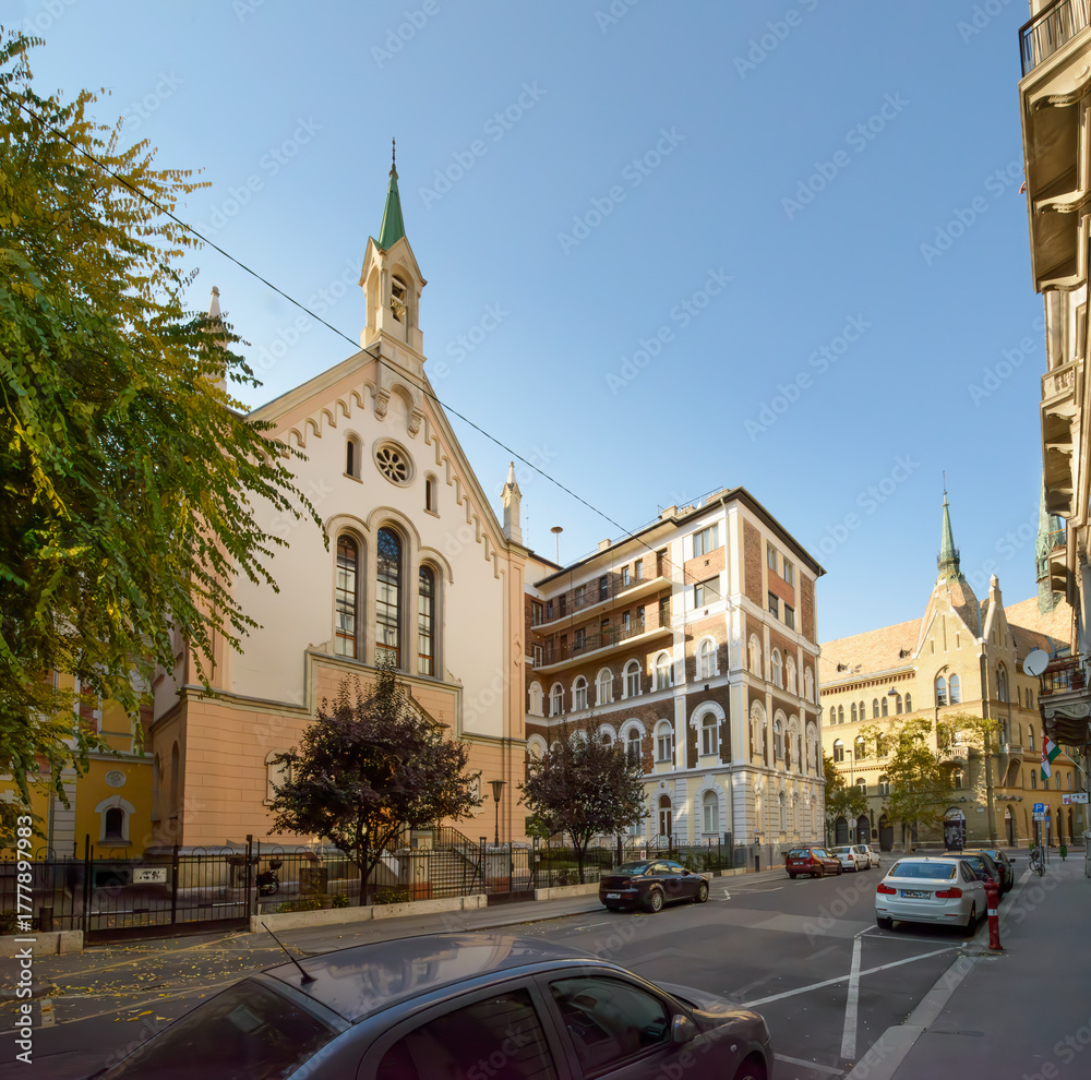 Obraz premium Buildings along Hold street towards two churches, Budapest, Hungary.