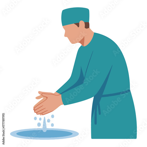 Surgeon in teal scrubs washing hands over blue water basin with droplets doctor medical