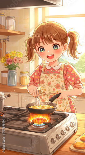 Young girl in an apron cooks in a pan on a gas stove