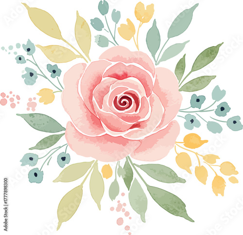 Soft watercolor pink rose bouquet with delicate greenery and blue accents