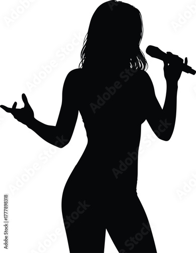Silhouette, female singer, holding microphone, performing, music, concert, stage, entertainment, vocal artist, dramatic pose, isolated, white background