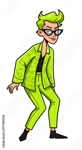 Youthful eccentric in green attire and black eyewear stands alone against a white background