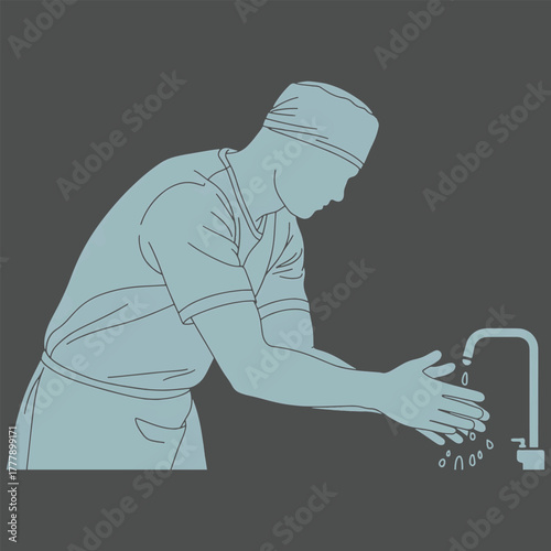 Medical professional in surgical scrubs washing hands under a faucet with water droplets surgeon doctor