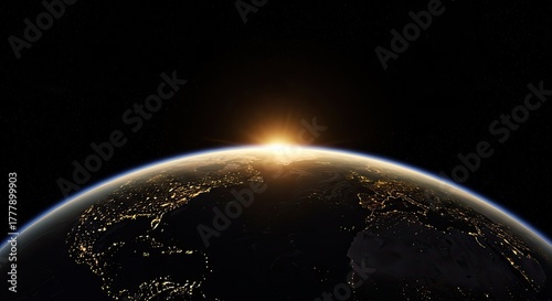 Realistic rendering of earth at night with city lights and a vibrant sunrise