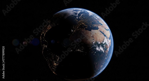 Realistic view of planet Earth in outer space showing city lights at night