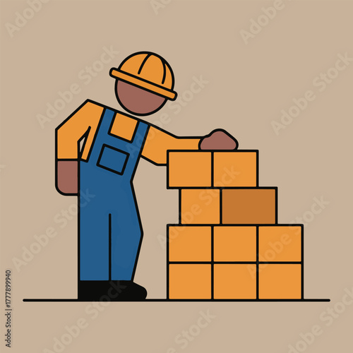Cartoon construction worker in orange shirt and blue overalls building brick wall builder bricklayer
